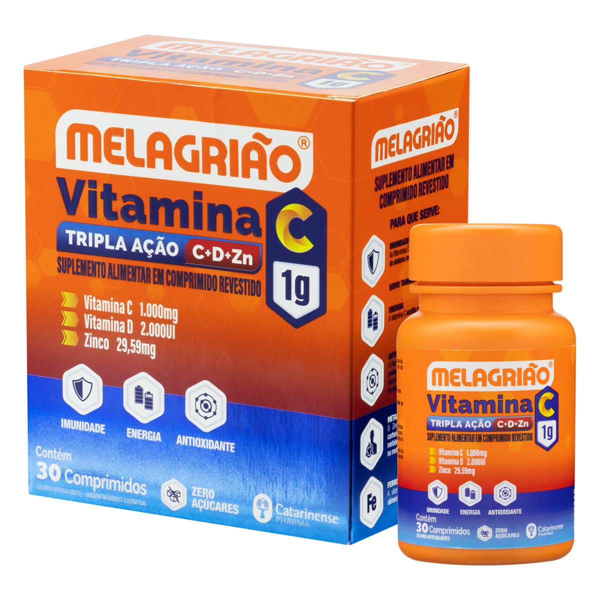 Melagrião® Vitamina C 1g Tripla Ação C+D+Zn 30 comprimidos - Catarinense  Nutrição