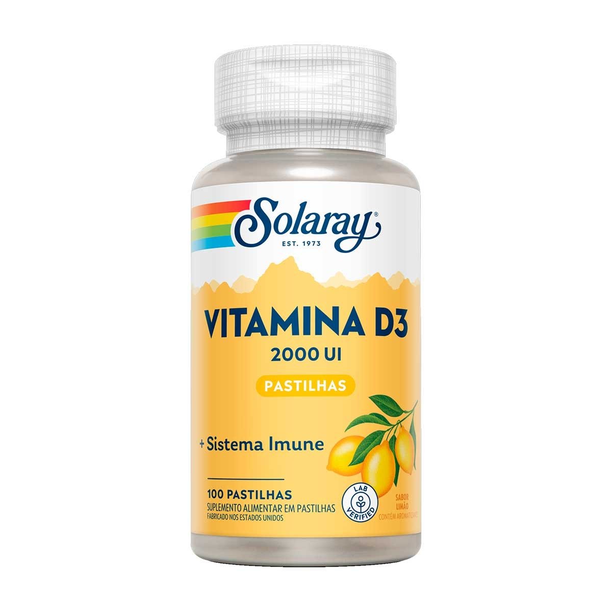 Vitamina D3 2.000UI Limão Solaray Frasco 100 Pastilhas