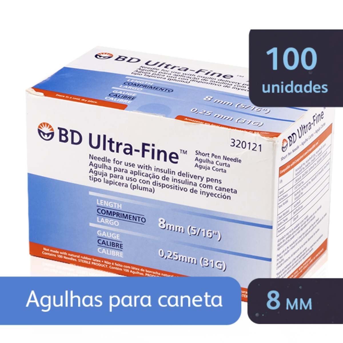 Agulha Para Caneta Bd Curta 8mm 100Unidades